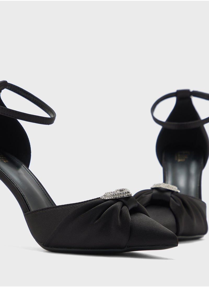 Diamante Heart Trim Pointy Counter Strap Pump