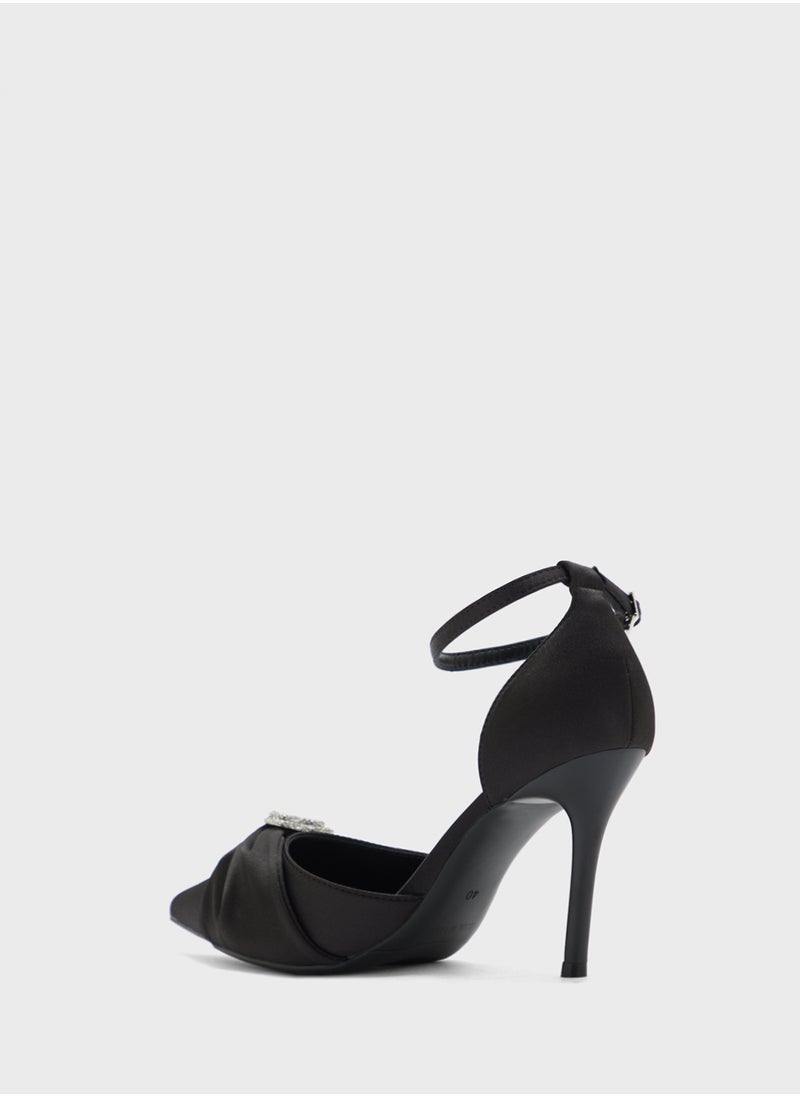 Diamante Heart Trim Pointy Counter Strap Pump