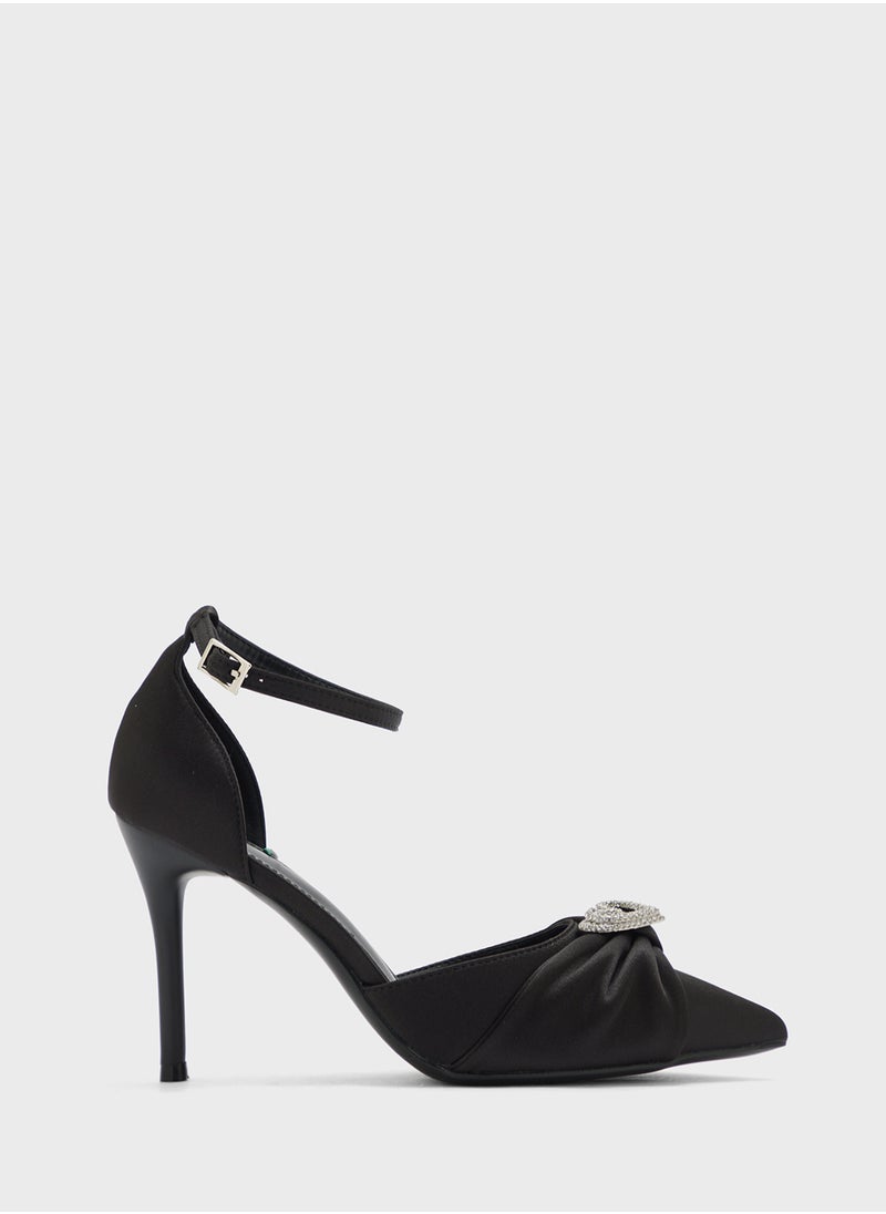 Diamante Heart Trim Pointy Counter Strap Pump