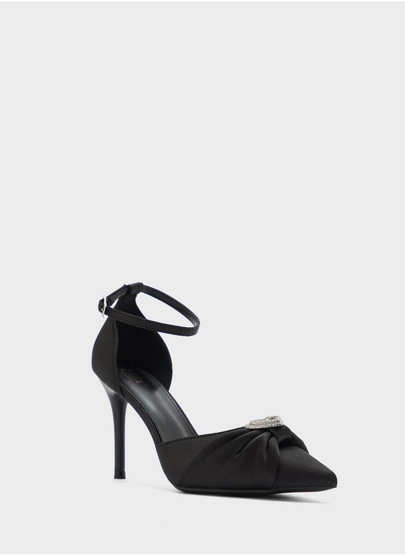 Diamante Heart Trim Pointy Counter Strap Pump