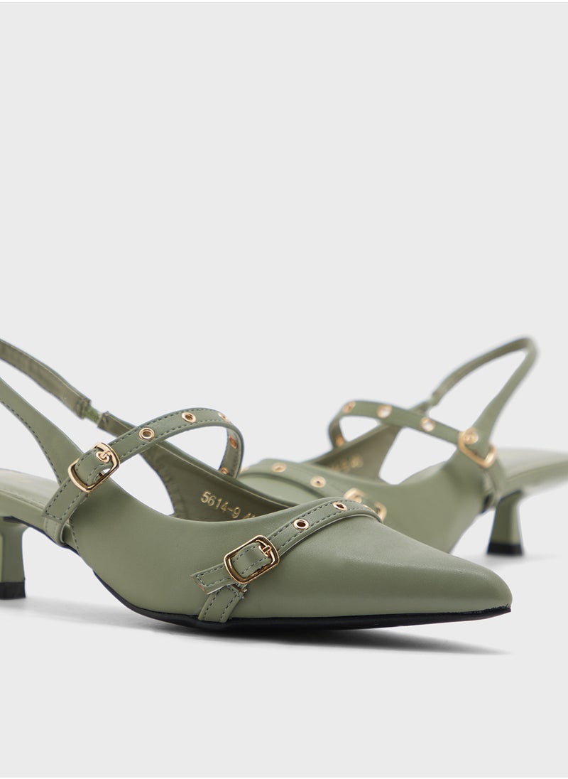 Double Strap Eyelet Detail Sling Back Low Heel Pump