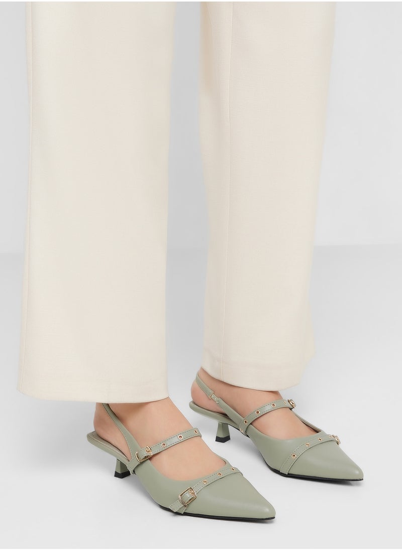Double Strap Eyelet Detail Sling Back Low Heel Pump