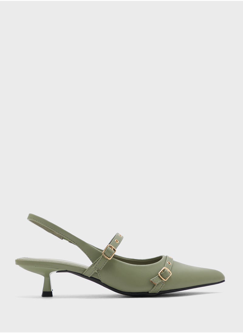 Double Strap Eyelet Detail Sling Back Low Heel Pump
