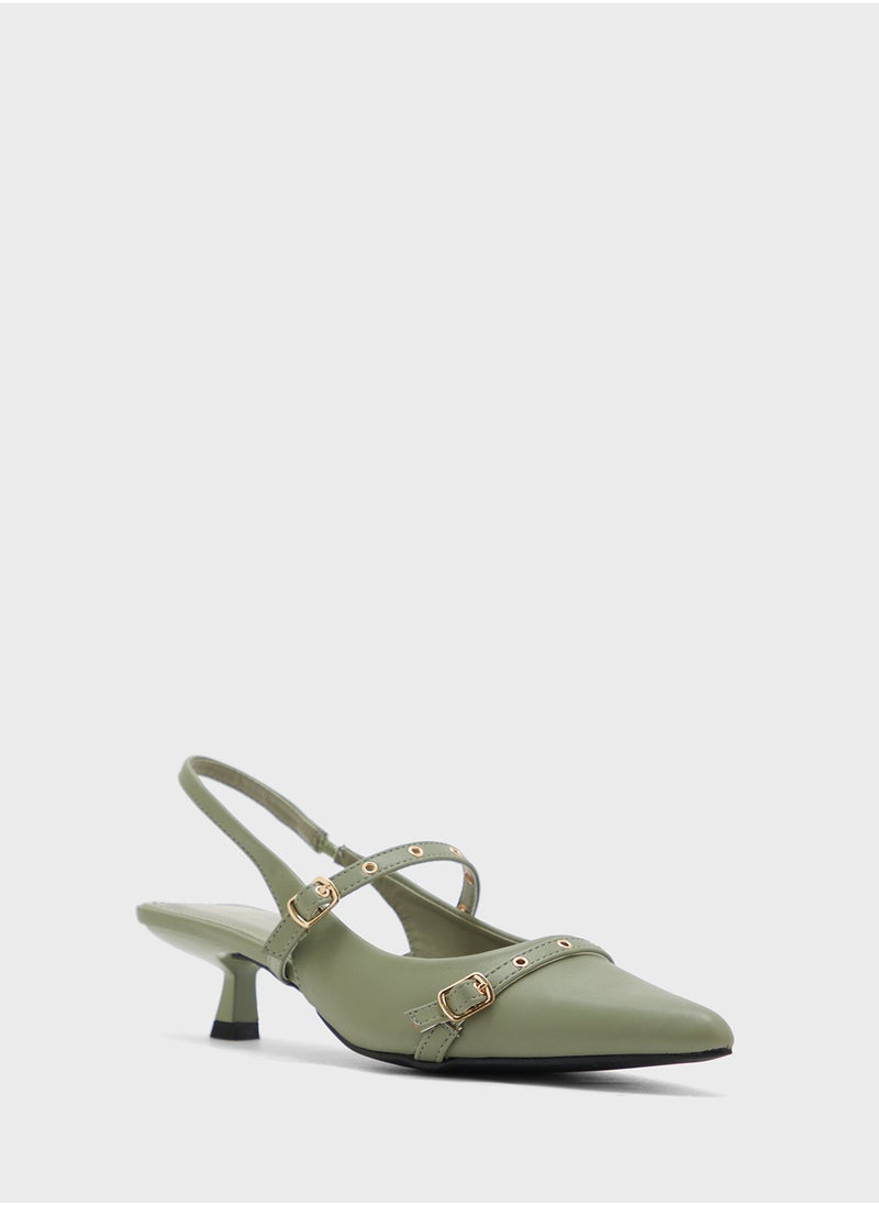 Double Strap Eyelet Detail Sling Back Low Heel Pump