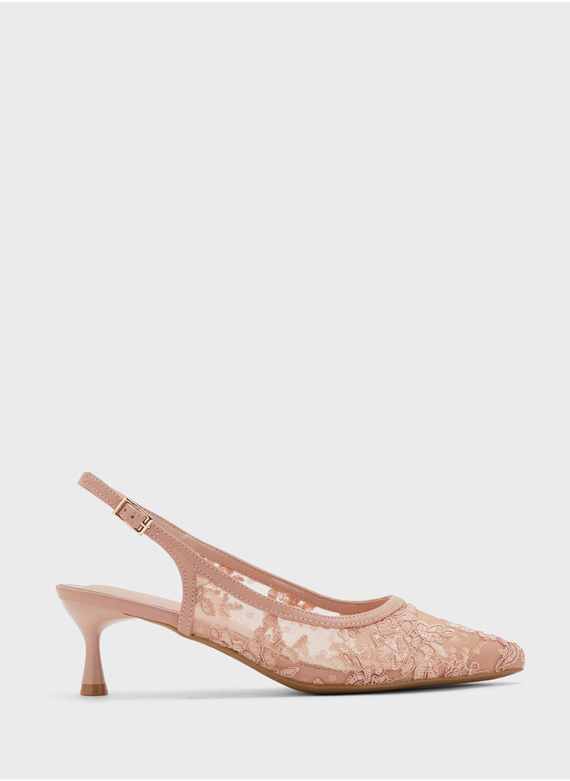 Floral Lace Embroidered Sling Back Pump