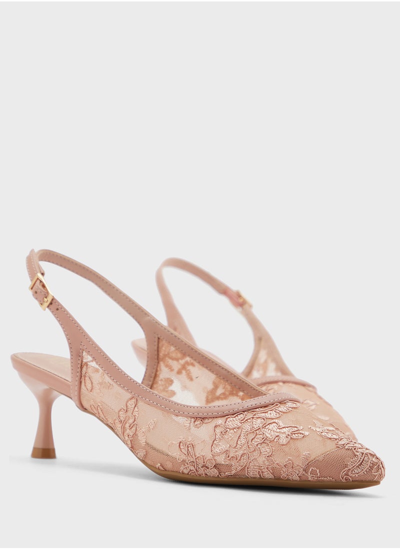 Floral Lace Embroidered Sling Back Pump