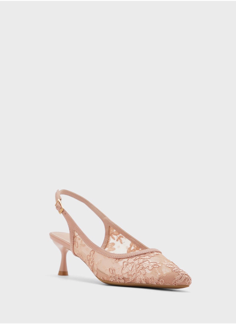 Floral Lace Embroidered Sling Back Pump