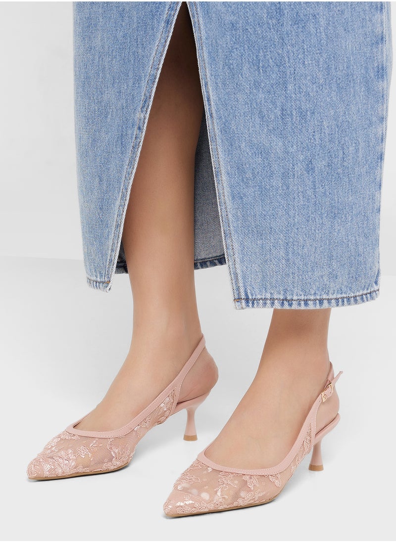 Floral Lace Embroidered Sling Back Pump