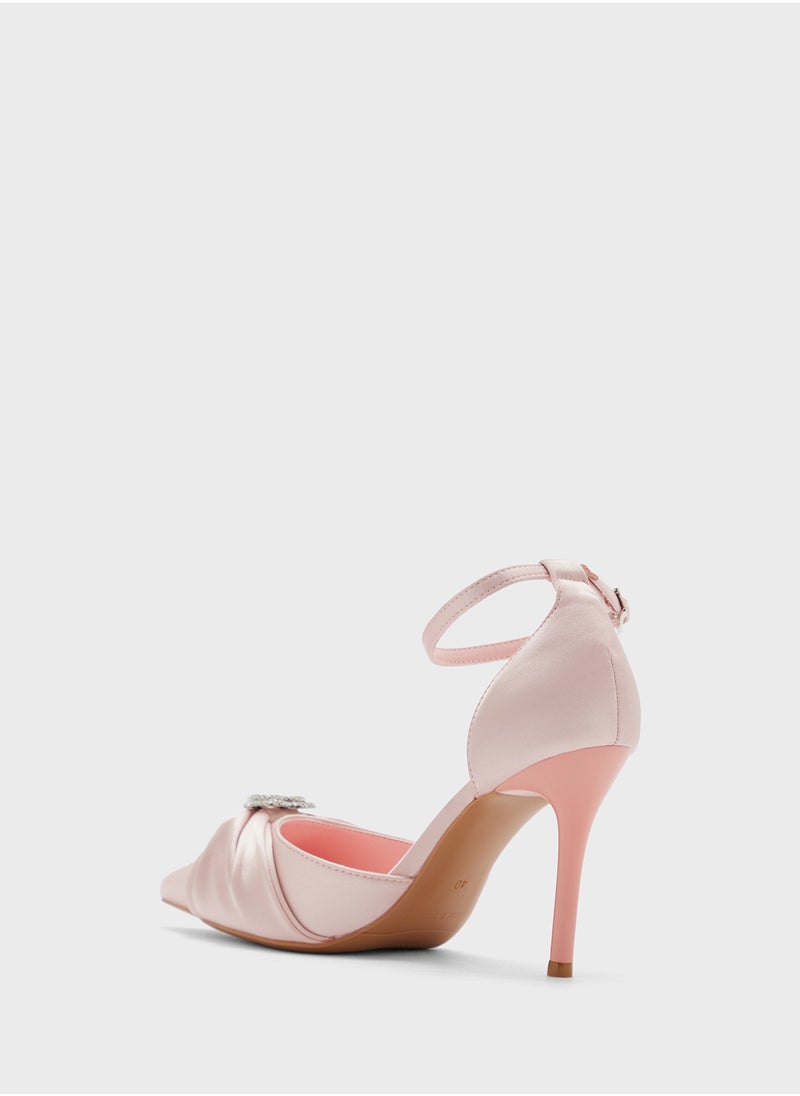 Diamante Heart Trim Pointy Counter Strap Pump