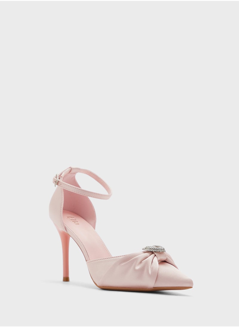 Diamante Heart Trim Pointy Counter Strap Pump
