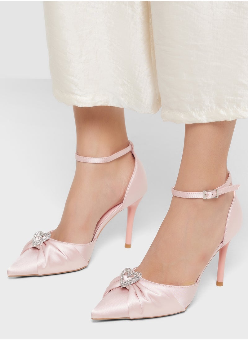 Diamante Heart Trim Pointy Counter Strap Pump
