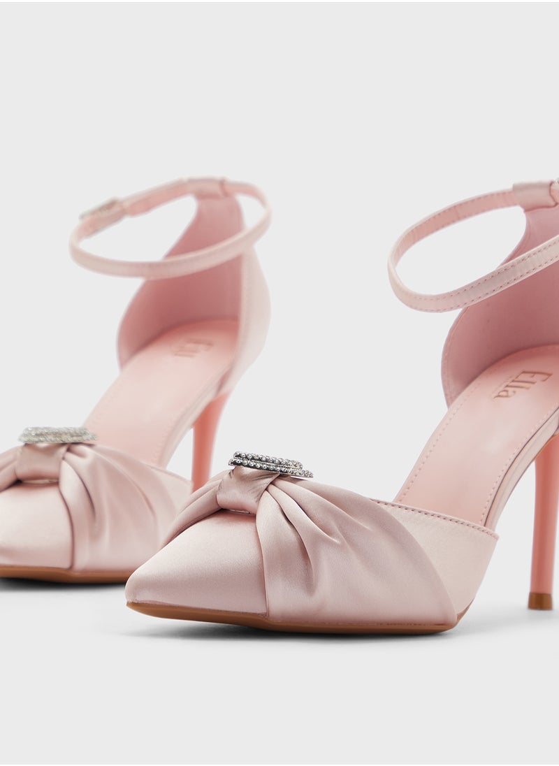 Diamante Heart Trim Pointy Counter Strap Pump