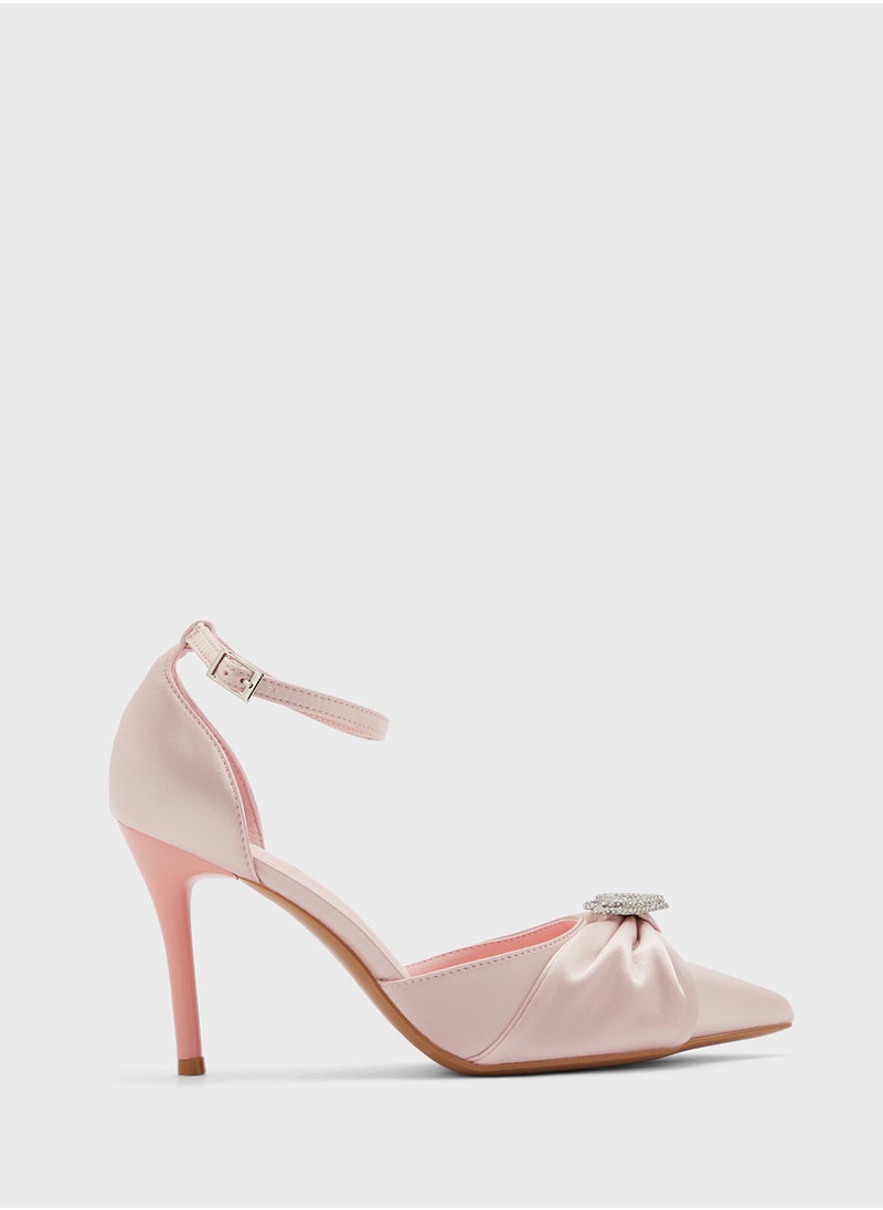 Diamante Heart Trim Pointy Counter Strap Pump