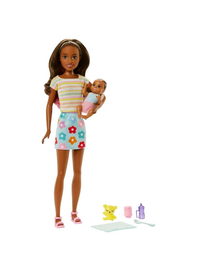 Barbie Dolls and Accessories, Brunette Skipper™ Doll with Baby Figure and 5 Accessories, Babysitters Inc.™ Playset