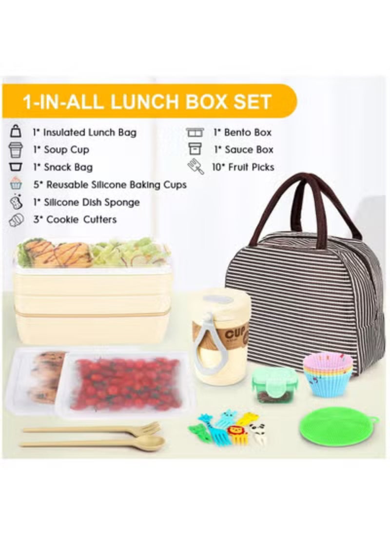 27 Bento Boxes, Bento Box Set, Stackable 3-in-1 Compartment Bento Box Set, Includes Soup Cups Sauce Jar, Spoons Forks Cake Cups, Fruit Holders, Snack Pouches, Leak-Proof Bento Box (Khaki)