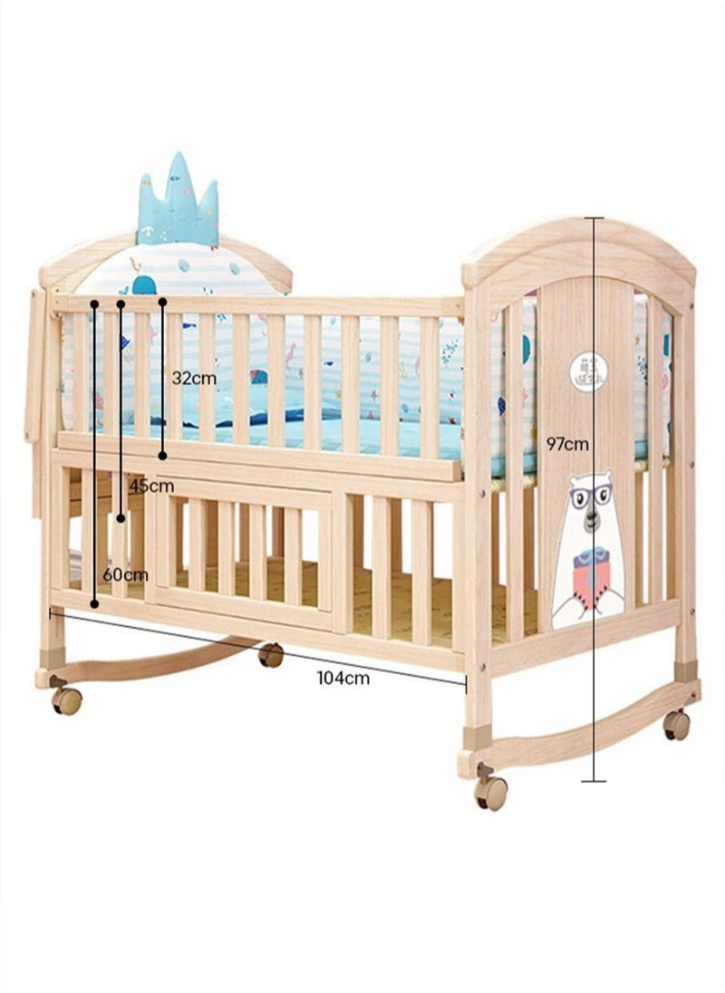 Multifunctional Baby Crib 6 in 1 with Mattress Included, Natural Wood Convertible Crib with Foldable Storage Baby Playpen, Baby Beds Bassinet Bedside Sleeper