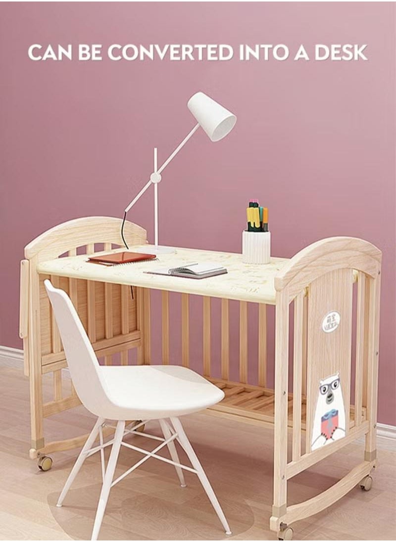 Multifunctional Baby Crib 6 in 1 with Mattress Included, Natural Wood Convertible Crib with Foldable Storage Baby Playpen, Baby Beds Bassinet Bedside Sleeper