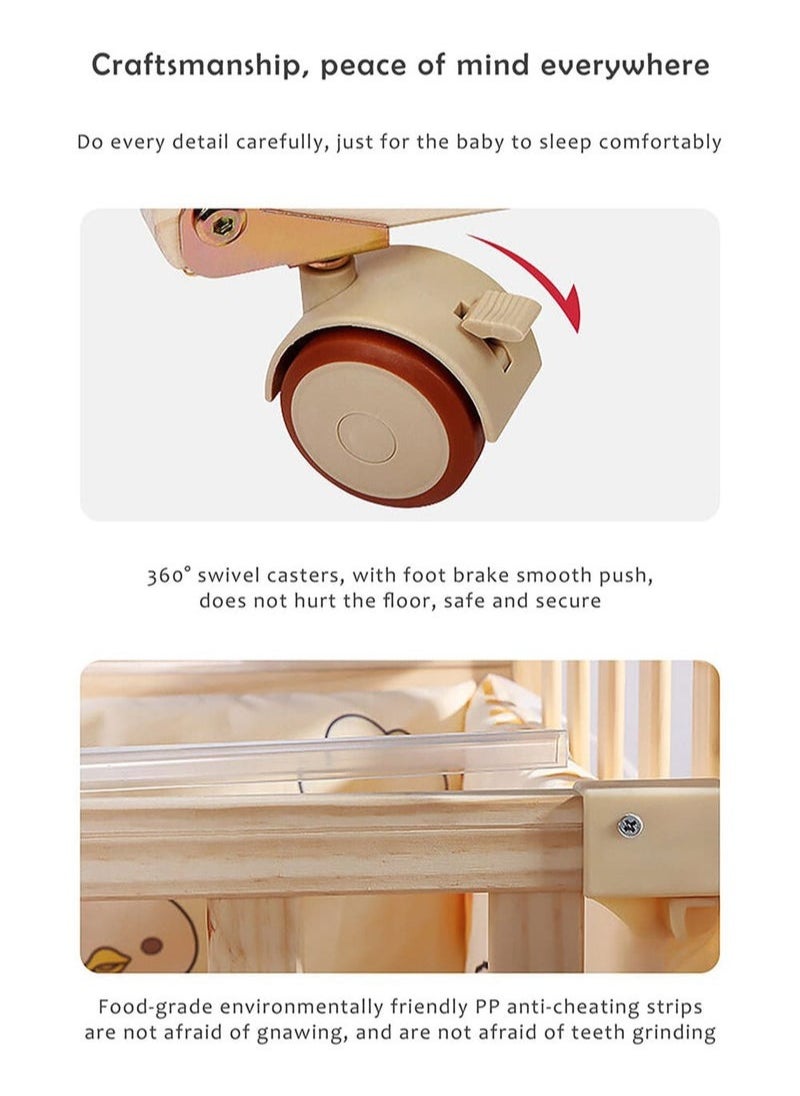 Multifunctional Baby Crib 6 in 1 with Mattress Included, Natural Wood Convertible Crib with Foldable Storage Baby Playpen, Baby Beds Bassinet Bedside Sleeper