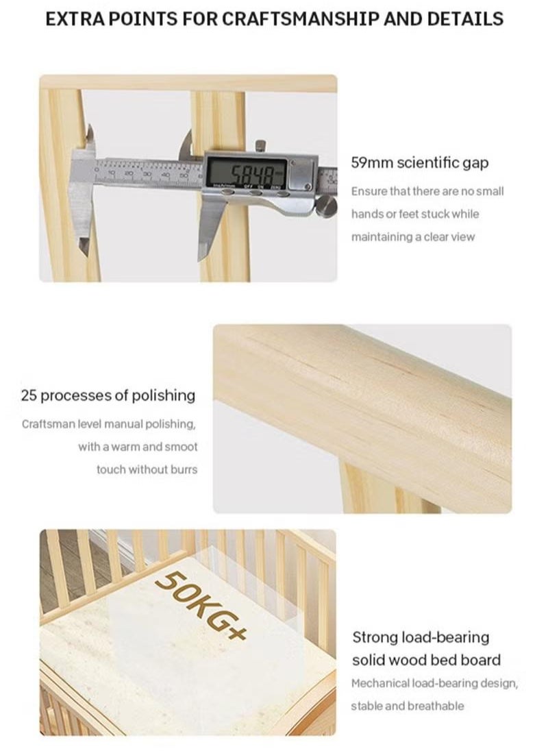 Multifunctional Baby Crib 6 in 1 with Mattress Included, Natural Wood Convertible Crib with Foldable Storage Baby Playpen, Baby Beds Bassinet Bedside Sleeper