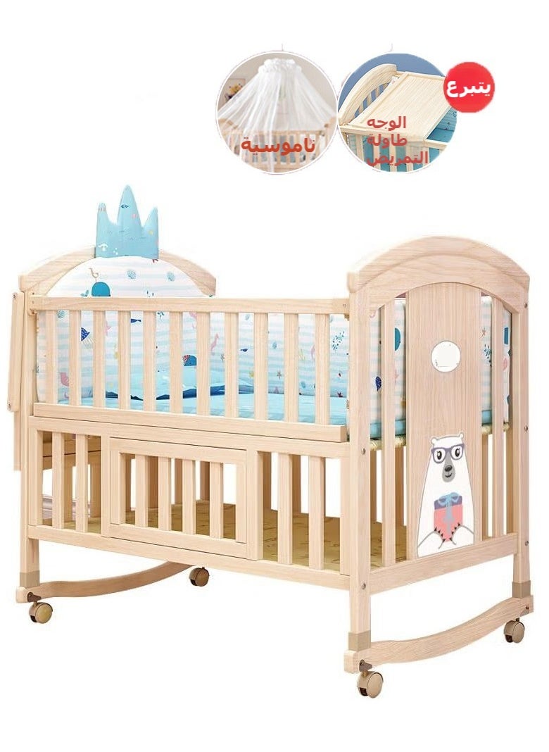 Multifunctional Baby Crib 6 in 1 with Mattress Included, Natural Wood Convertible Crib with Foldable Storage Baby Playpen, Baby Beds Bassinet Bedside Sleeper