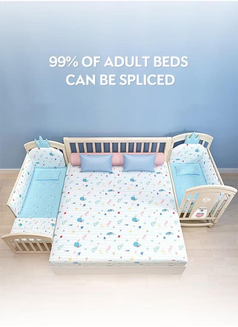 Multifunctional Baby Crib 6 in 1 with Mattress Included, Natural Wood Convertible Crib with Foldable Storage Baby Playpen, Baby Beds Bassinet Bedside Sleeper