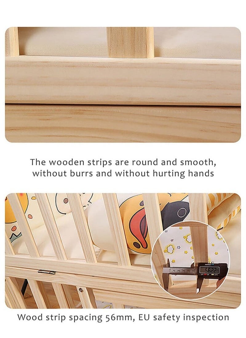 Multifunctional Baby Crib 6 in 1 with Mattress Included, Natural Wood Convertible Crib with Foldable Storage Baby Playpen, Baby Beds Bassinet Bedside Sleeper