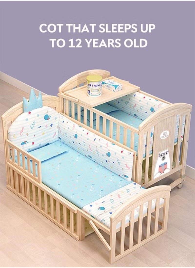 Multifunctional Baby Crib 6 in 1 with Mattress Included, Natural Wood Convertible Crib with Foldable Storage Baby Playpen, Baby Beds Bassinet Bedside Sleeper