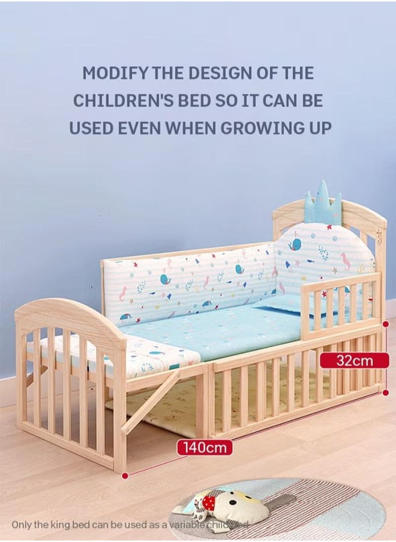 Multifunctional Baby Crib 6 in 1 with Mattress Included, Natural Wood Convertible Crib with Foldable Storage Baby Playpen, Baby Beds Bassinet Bedside Sleeper