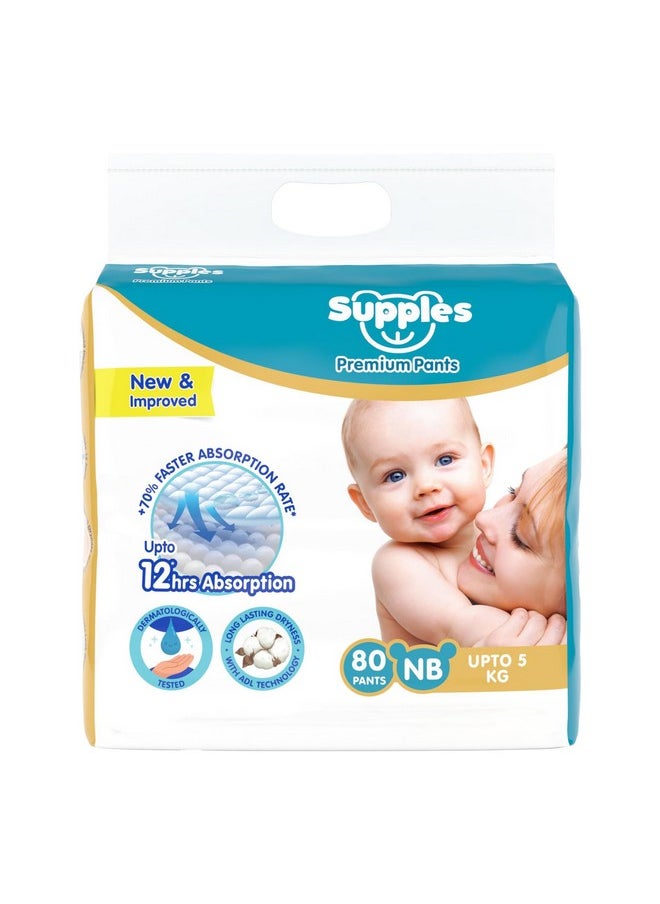 Amazon Brand - Supples Premium Diaper Pants | for Newborn Babies | 80 Diapers | NB/XS | Up to 5 Kg | 12 Hrs Absorption | Cushiony Cotton Soft Fabric | Phthalates-Free | Triple Leak Guard