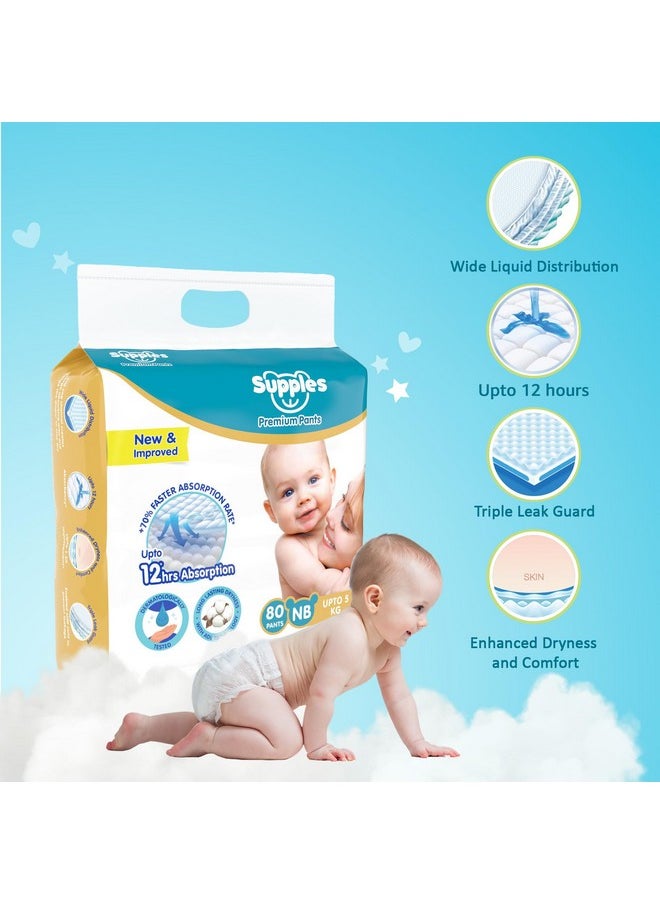 Amazon Brand - Supples Premium Diaper Pants | for Newborn Babies | 80 Diapers | NB/XS | Up to 5 Kg | 12 Hrs Absorption | Cushiony Cotton Soft Fabric | Phthalates-Free | Triple Leak Guard