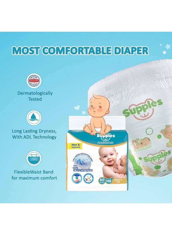 Amazon Brand - Supples Premium Diaper Pants | for Newborn Babies | 80 Diapers | NB/XS | Up to 5 Kg | 12 Hrs Absorption | Cushiony Cotton Soft Fabric | Phthalates-Free | Triple Leak Guard