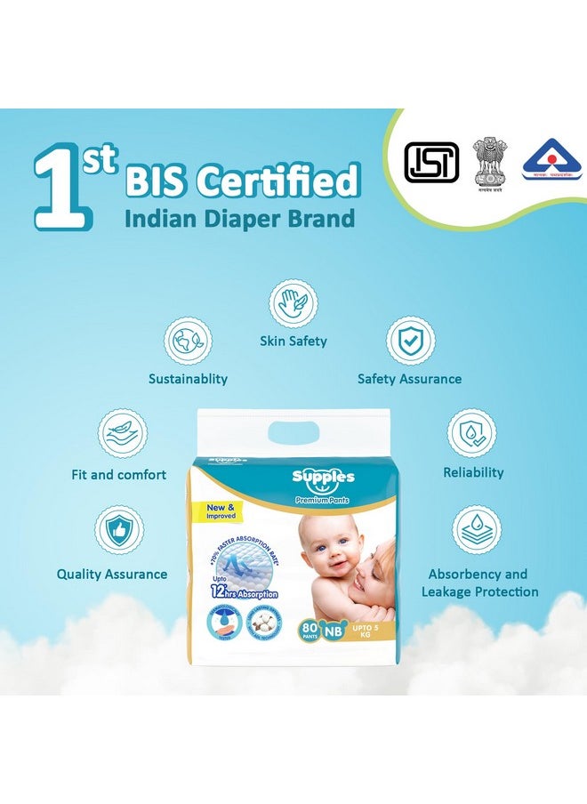 Amazon Brand - Supples Premium Diaper Pants | for Newborn Babies | 80 Diapers | NB/XS | Up to 5 Kg | 12 Hrs Absorption | Cushiony Cotton Soft Fabric | Phthalates-Free | Triple Leak Guard