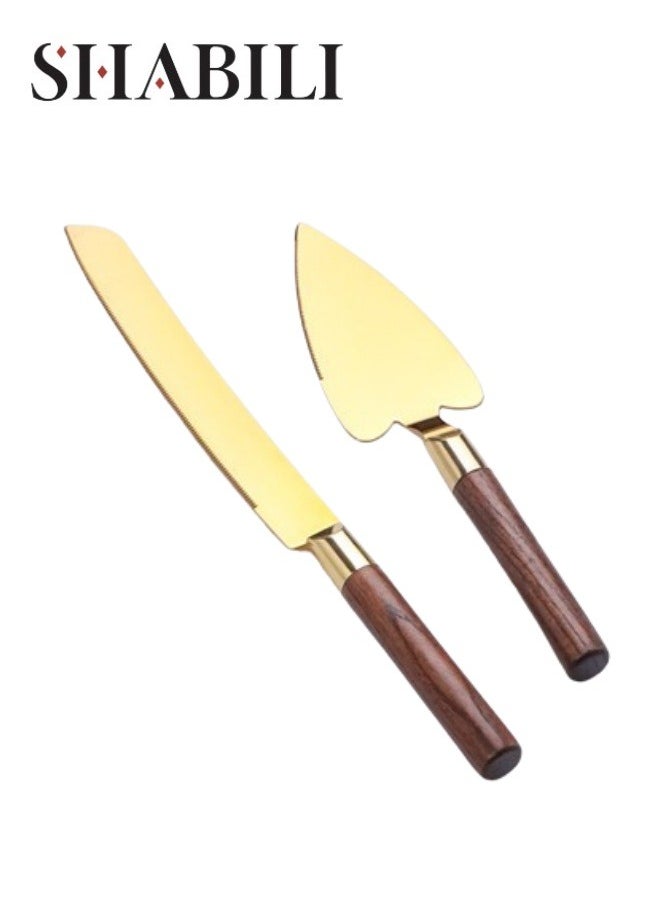 2 Pieces Wedding Cake Knife and Server Set, Premium Cake Knife Includes Cake Knife and Pie Server, Stainless Steel Cake Cutting Set for Wedding, Birthday, Anniversary (Gold, Wooden Handle)