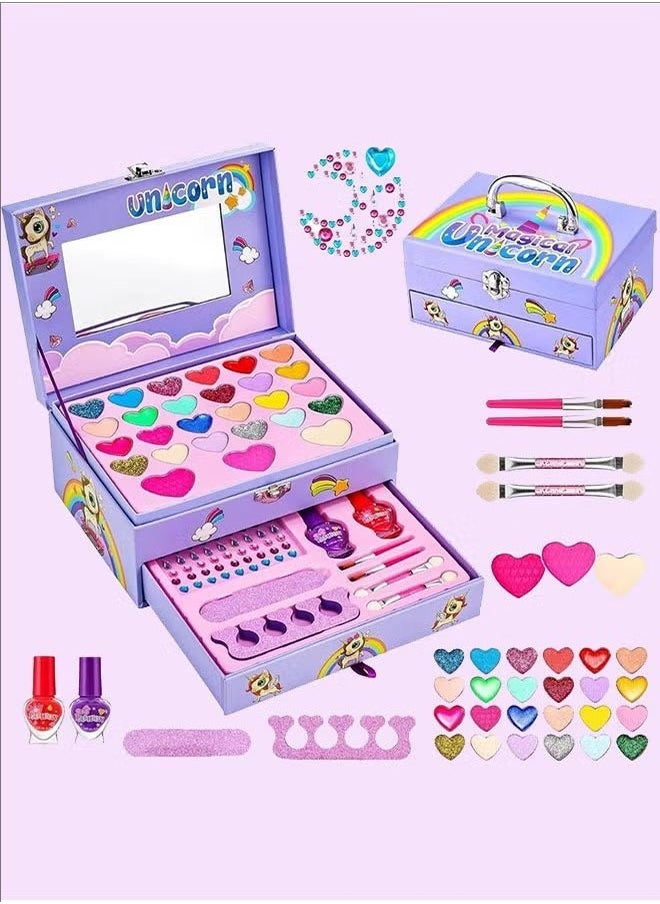 Princess girl unicorn portable makeup box, wearable nail polish set, children's makeup lipstick eye shadow nail polish cosmetics storage two-layer drawer box portable box， purple