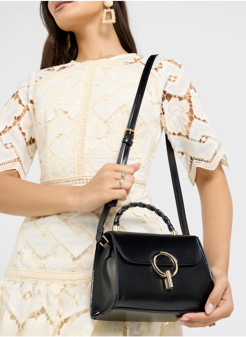 Metal Closure Braided Handle Satchel Bag