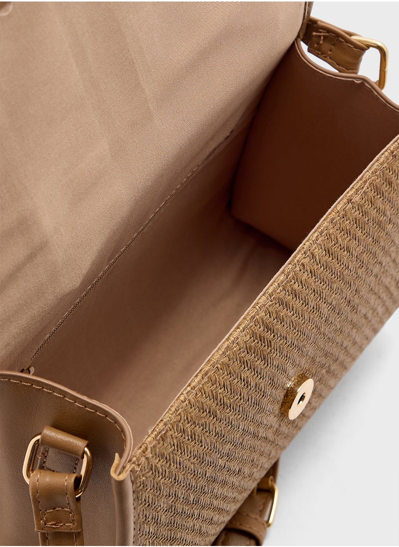 Contrast Jute Textured Satchel Bag