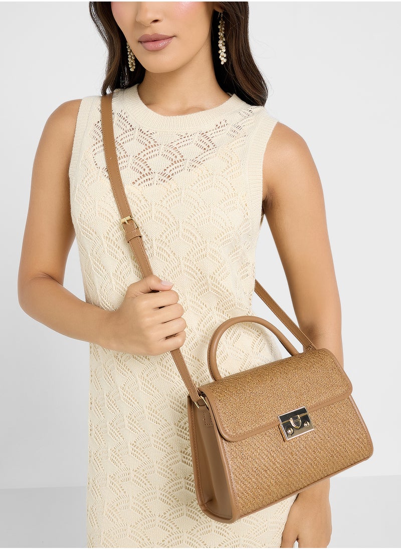 Contrast Jute Textured Satchel Bag