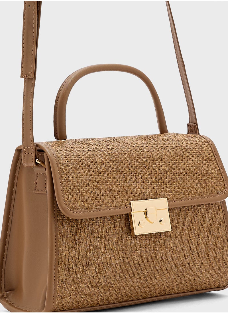 Contrast Jute Textured Satchel Bag