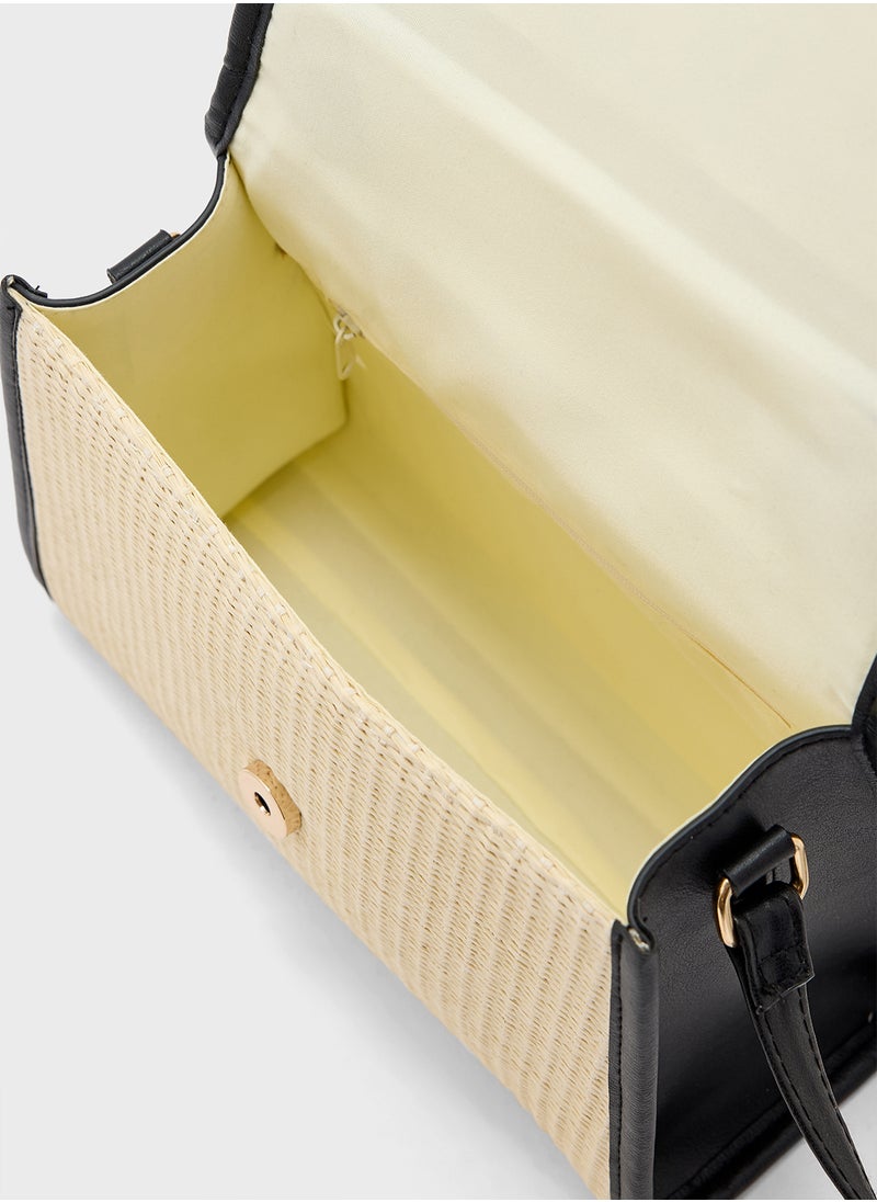 Contrast Jute Textured Satchel Bag