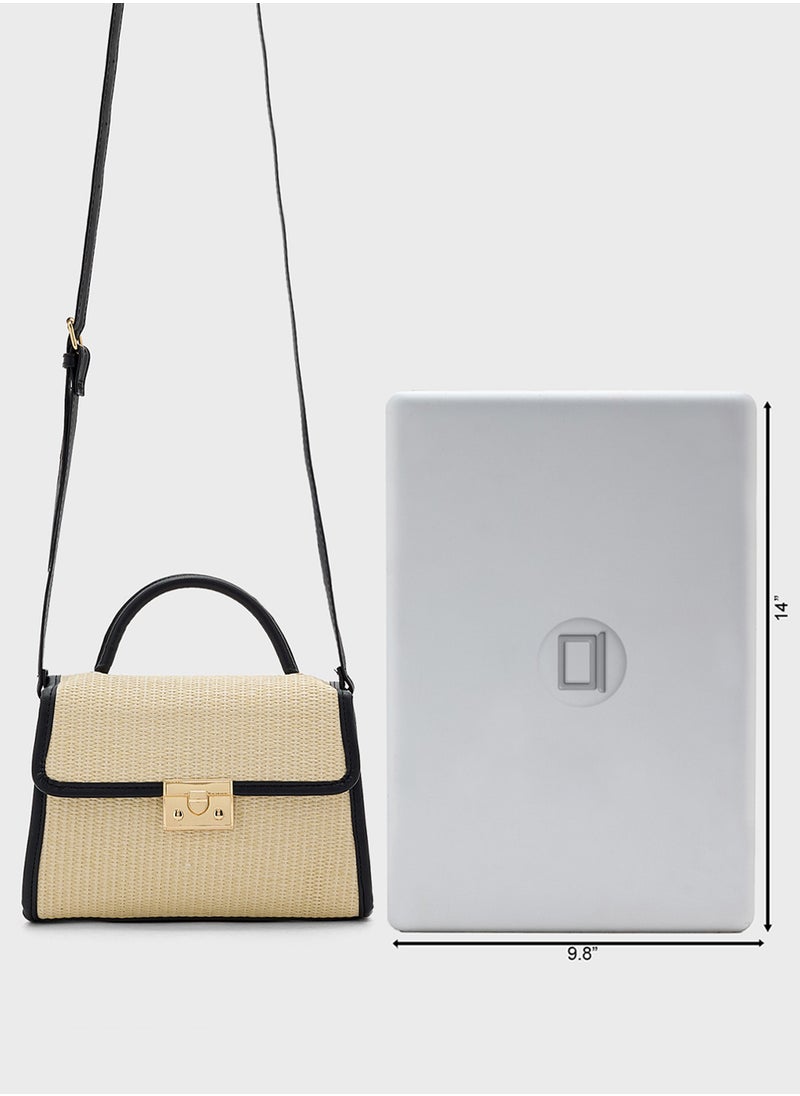 Contrast Jute Textured Satchel Bag