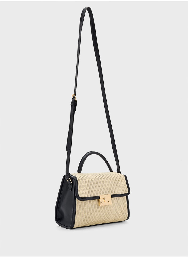 Contrast Jute Textured Satchel Bag