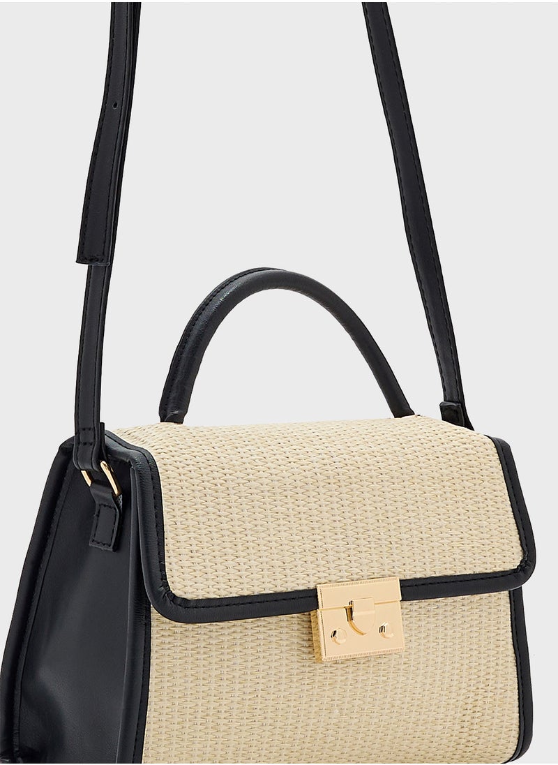 Contrast Jute Textured Satchel Bag
