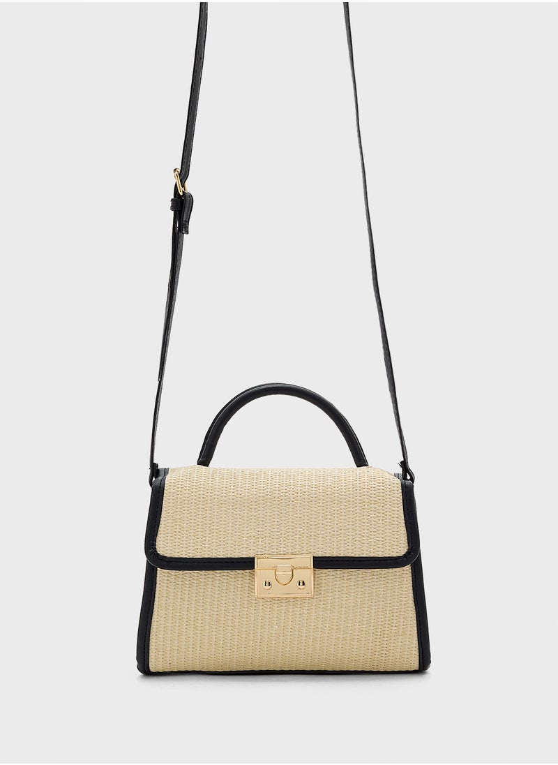 Contrast Jute Textured Satchel Bag