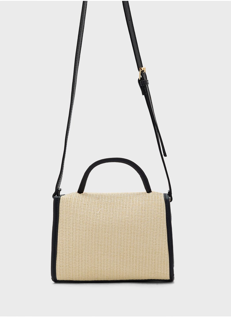 Contrast Jute Textured Satchel Bag