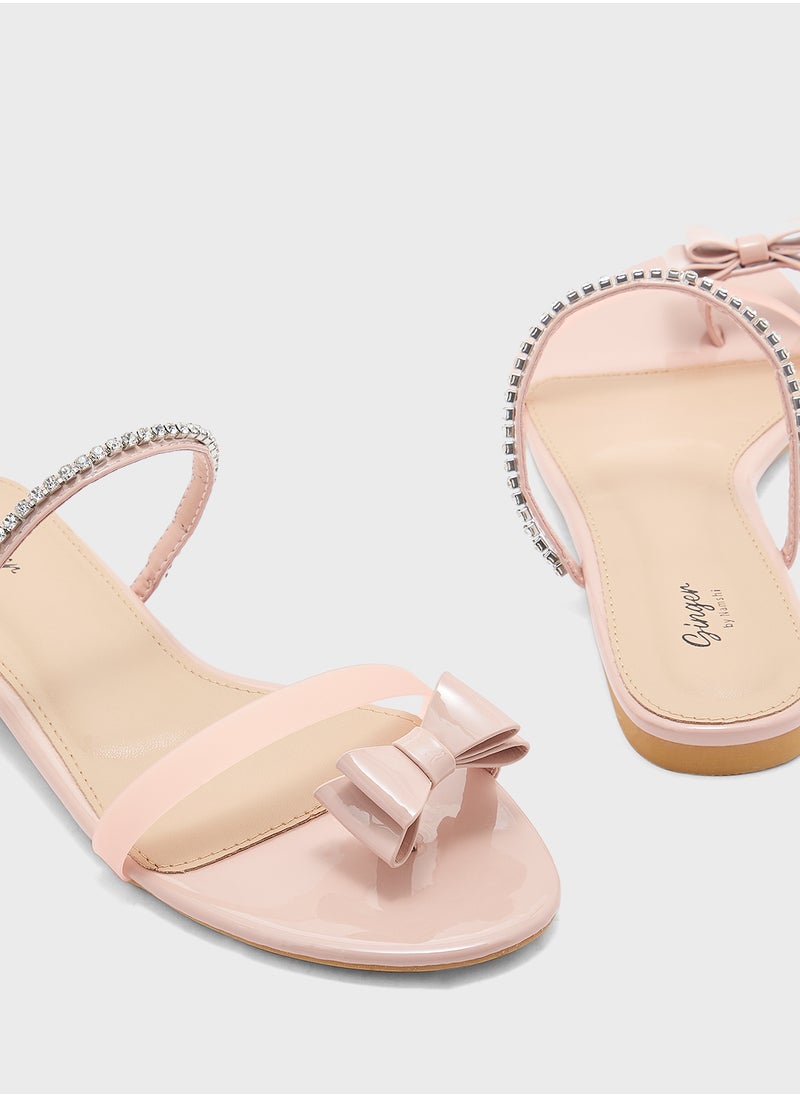 Diamante Bow Toe Post Flat Sandal