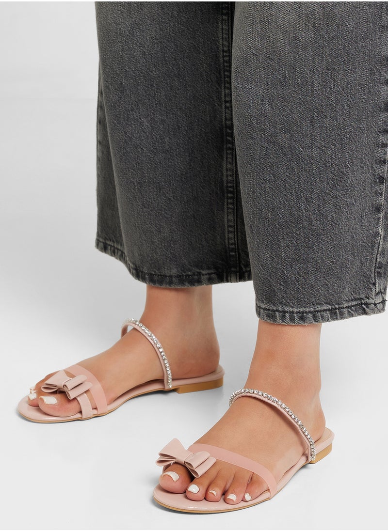 Diamante Bow Toe Post Flat Sandal