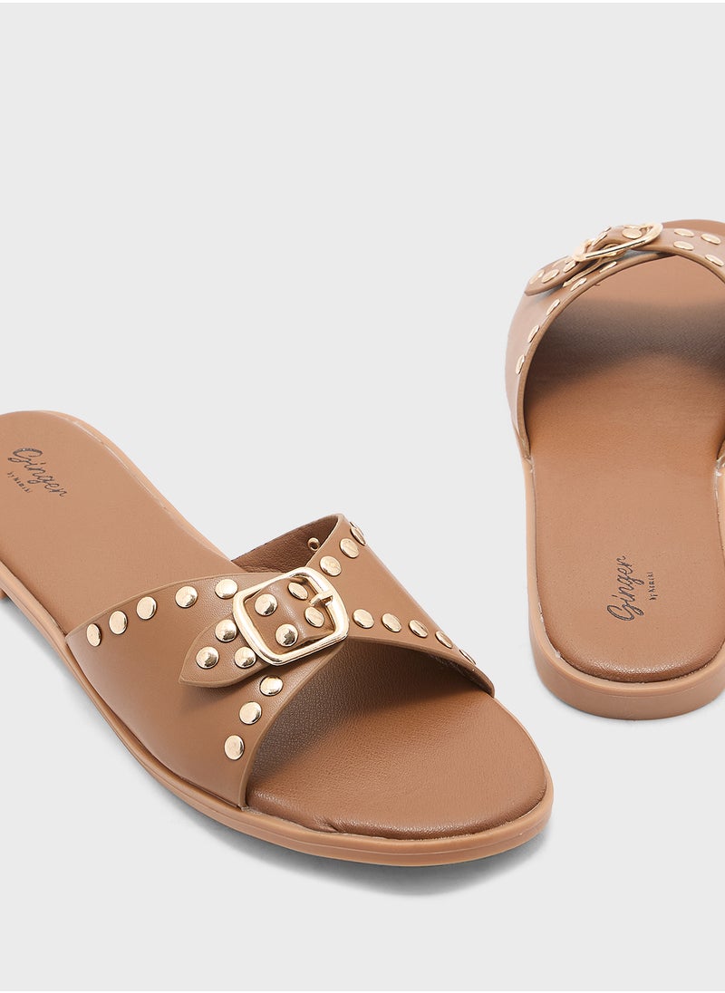 Chunky Buckle Studded Flat Sandal