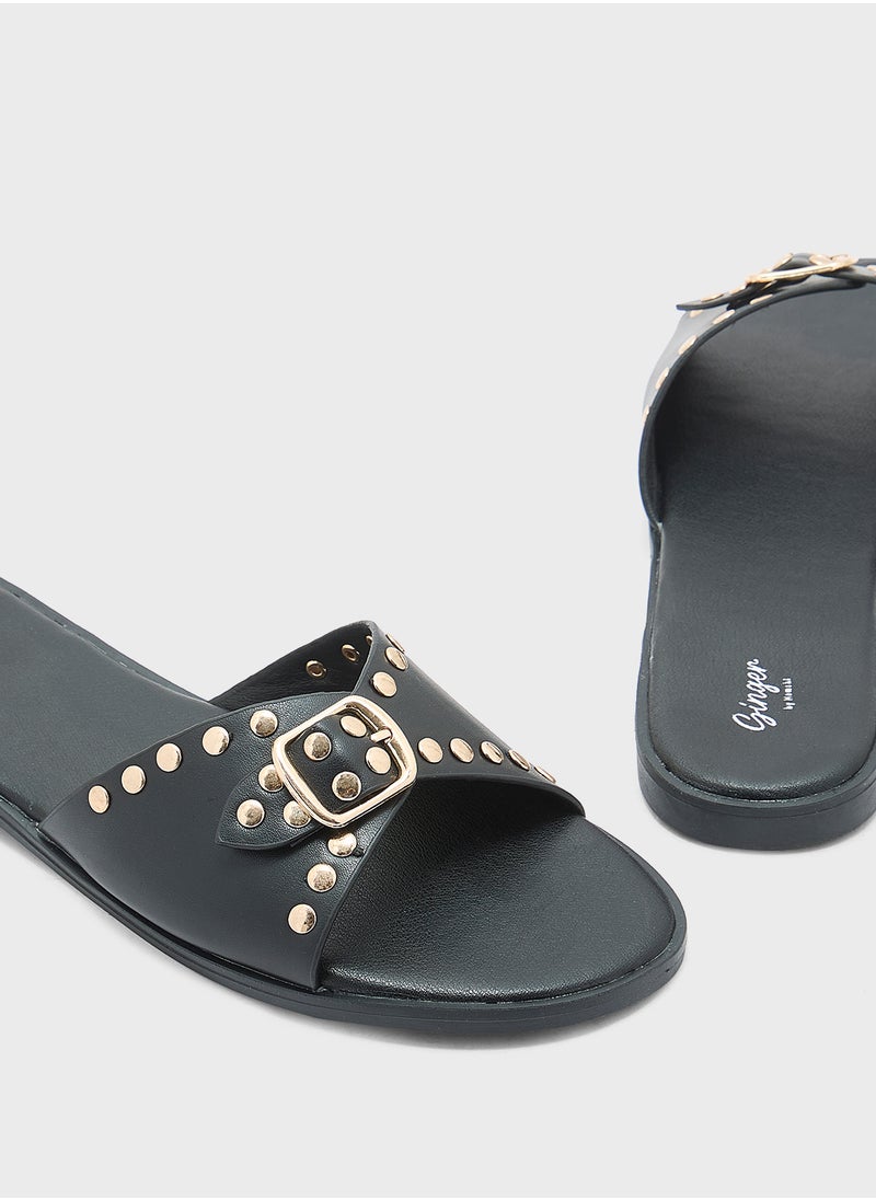 Chunky Buckle Studded Flat Sandal