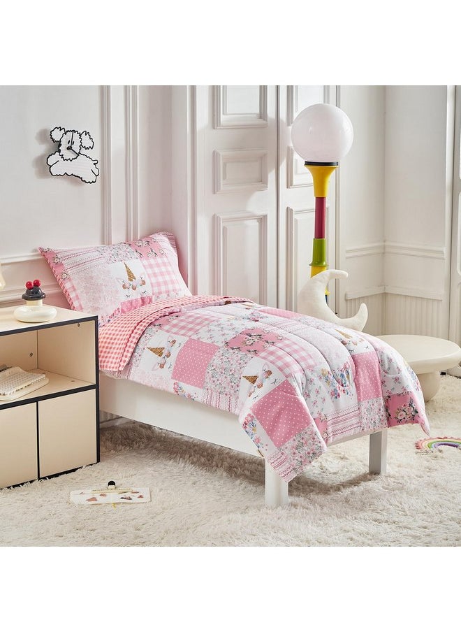 Joyreap 4 Piece Toddler Bedding Set for Girls- Pink Butterflies n Flowers Patchwork Toddler Comforter Set, Includes Quilted Comforter, Fitted Sheet, Top Sheet, and Pillow Case