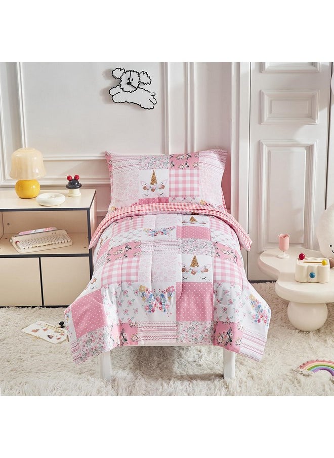 Joyreap 4 Piece Toddler Bedding Set for Girls- Pink Butterflies n Flowers Patchwork Toddler Comforter Set, Includes Quilted Comforter, Fitted Sheet, Top Sheet, and Pillow Case
